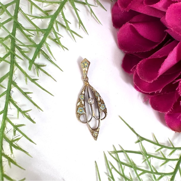 Vintage Jewelry - Vintage ⚜️ 14K Gold Enameled Art Nouveau  Teardrop Pendant